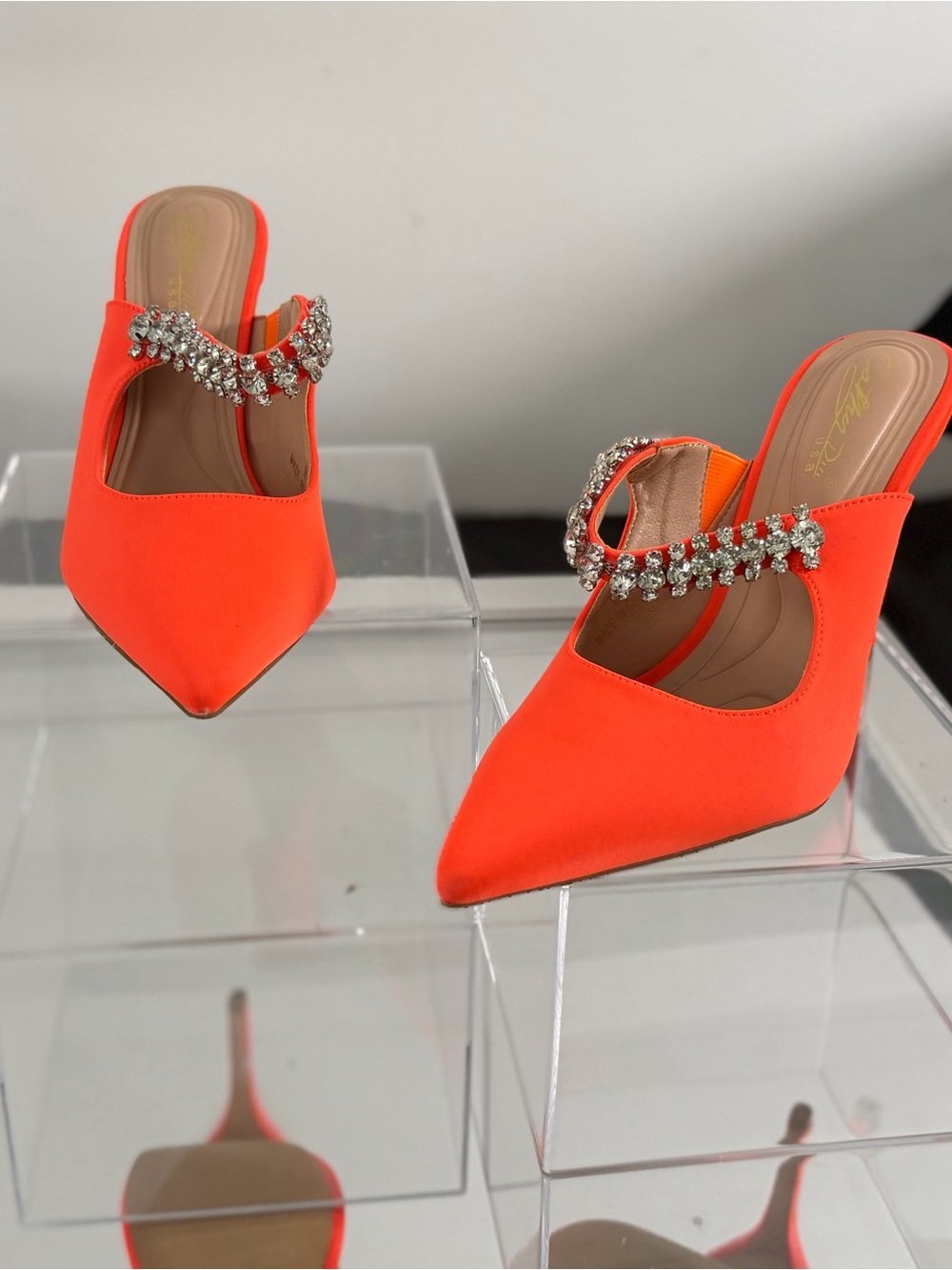 Pointed-Toe Jeweled Slide Heels in Neon Orange